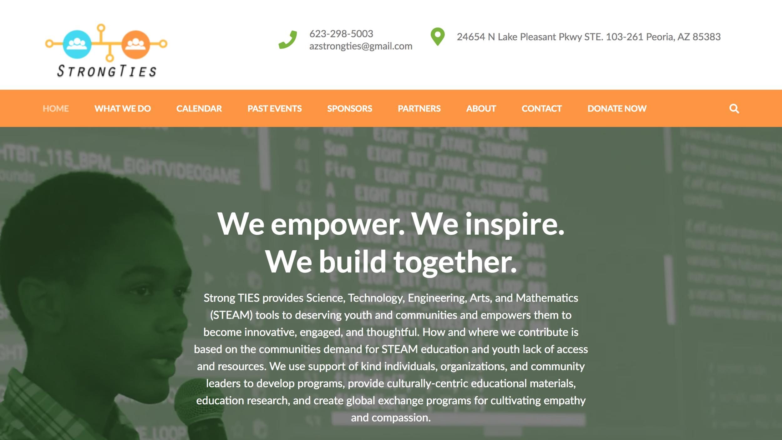 The main menu page for the website Strong ties. In orange are the several options available for someone to navigate the website such as " what we do" and "calendar".  At the top left is the strong ties logo. Towards the top middle is a phone number w
