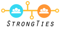 This is the logo of " Strong ties". It consists of a blue and orange circle with three people in each both separated by orange lines with white circle (outlined by the orange). Under this logo is the phrase "Strong ties" in black.