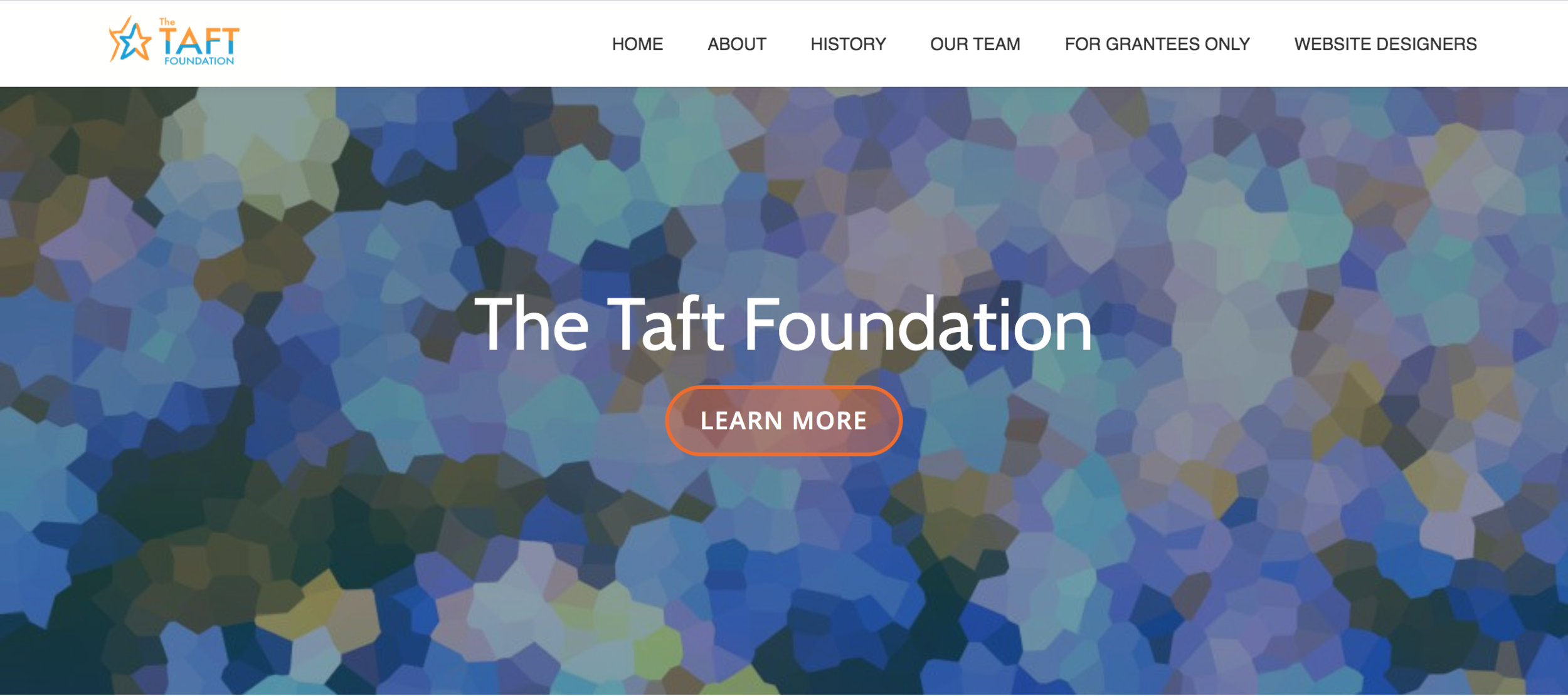 This is the interface for the Taft foundation which contains menu options on the top and the picture in the middle has a variation of colors such as blue-black gray and others.