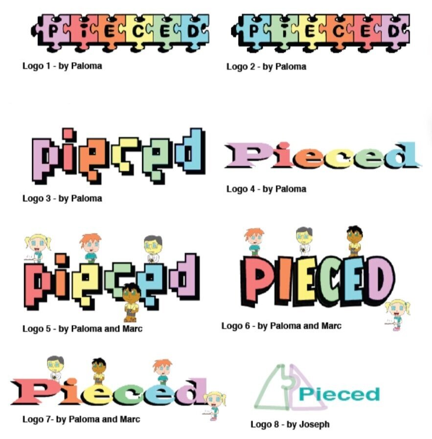 This is an image that consist of the phrase pieced of varying color shades and shape/sizes. One contains pieced with each letter on a puzzle piece and some others that contain people near and on top of the puzzle pieces.